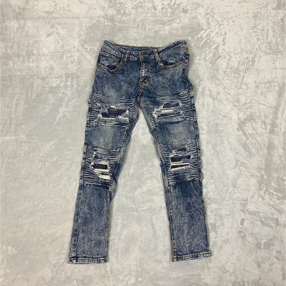 Rue21 Men's Biker Distressed Jeans Acid Wash Denim Blue Slim Fit size 28/27